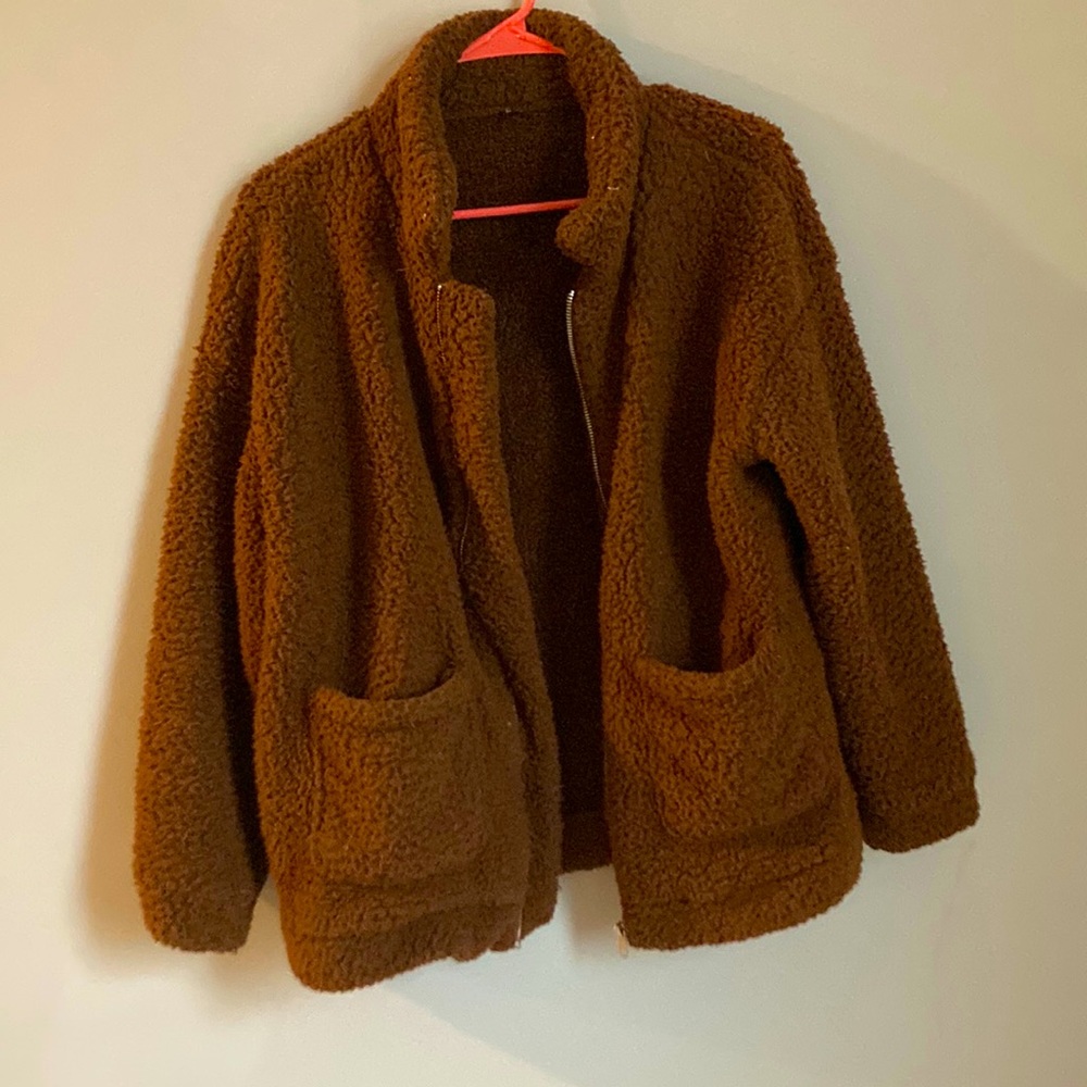 Zip up Amazon teddy bear jacket, size medium, brown